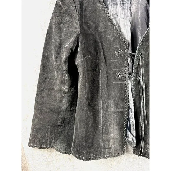 Faded Glory Ladies Leather Jacket L Black Fringe Tie Closure - Picture 4 of 16